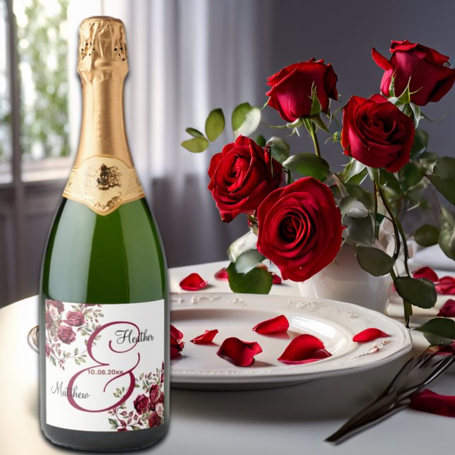 Burgundy Floral Modern Script Wedding Sparkling Wine Label (Creator Uploaded)