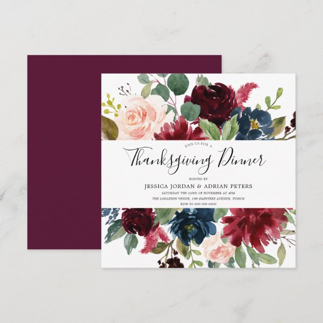 Burgundy Floral Modern Thanksgiving Dinner Invitation (Front/Back)