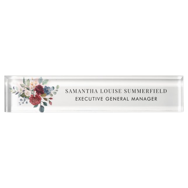 Burgundy Floral Modern Watercolor Desk Name Plate (Front)