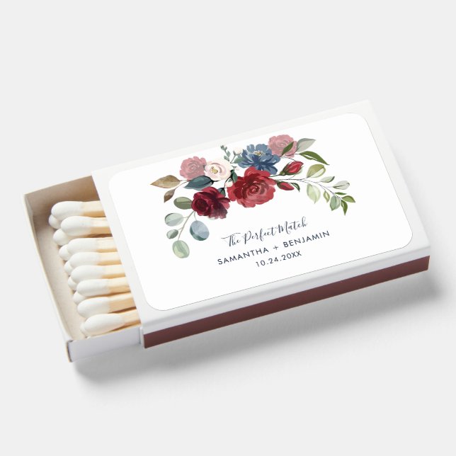 Burgundy Floral Modern Watercolor Wedding Matchboxes (Front Open)