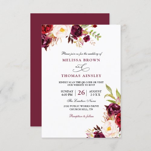 Burgundy Floral Moldern Rustic Qr Code Wedding Invitation