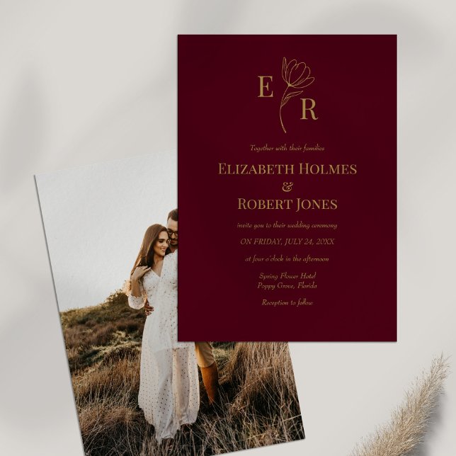 Burgundy Floral Monogram Custom Photo Invitation (Burgundy Floral Monogram Custom Photo Wedding Invitation on white table with dry flower.)