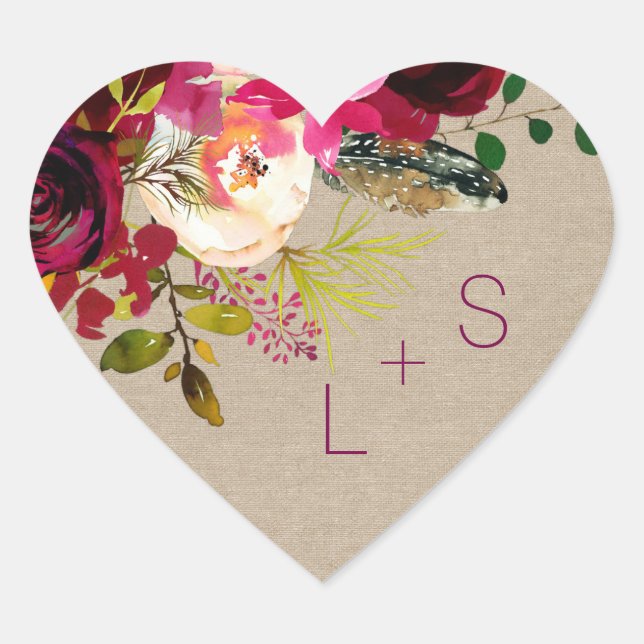 Burgundy Floral monogram heart favor sticker 3979 (Front)