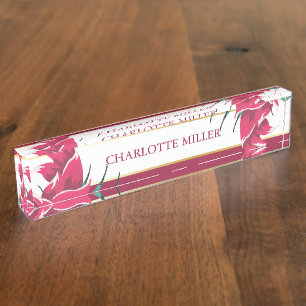 Burgundy Floral Monogram striped Desk Name Plate