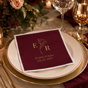 Burgundy Floral Monogram Wedding Napkins