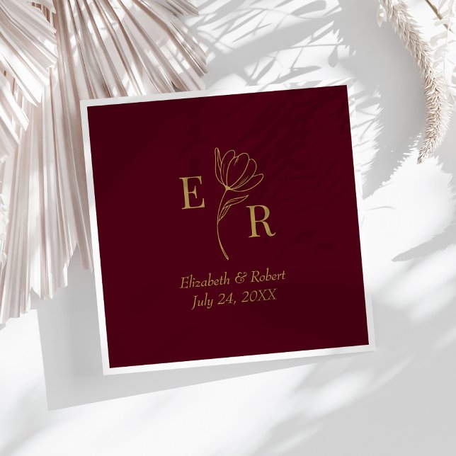 Burgundy Floral Monogram Wedding Napkins (Burgundy Floral Monogram Wedding Napkins on a sunny white table.)