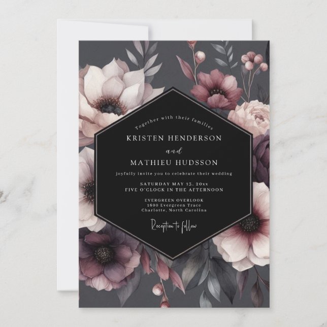 Burgundy Floral Moody Wedding Invitation (Front)