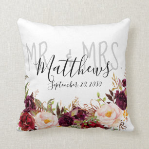 Burgundy Floral Mr and Mrs Wedding Keepsake Throw Pillow
