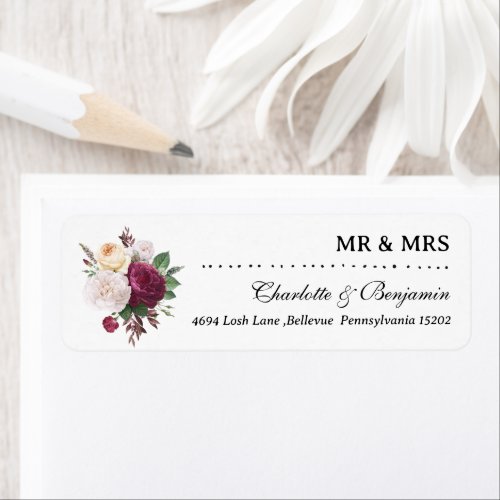 Burgundy Floral Mr  Mrs Wedding Return Address Label