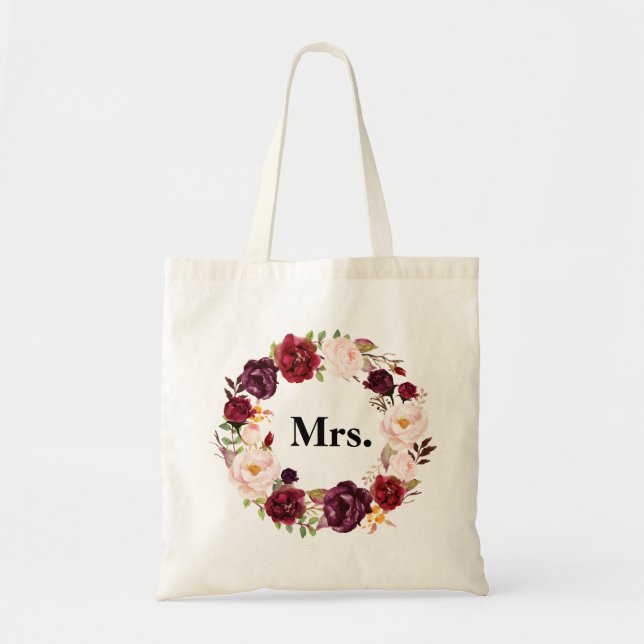 burgundy floral MRS. bride Tote Bag (Front)