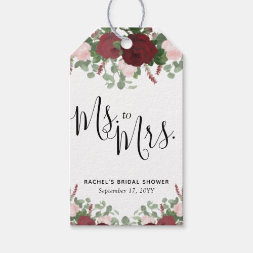 Burgundy Floral Ms to Mrs Bridal Shower Gift Tags