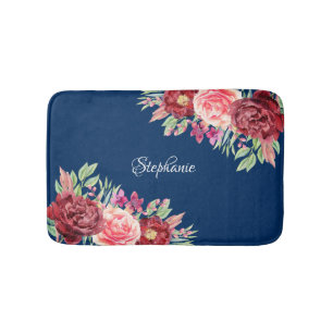 Burgundy Floral Navy Blue Bath Mat