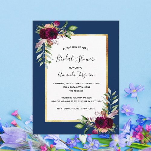 Burgundy floral navy blue bridal shower invitation postcard