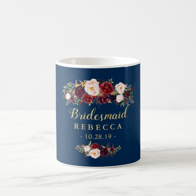 Burgundy Floral Navy Blue Bridesmaid Wedding Favor Coffee Mug (Center)