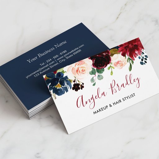 Customizable Burgundy Floral Navy Blue Facebook Instagram Logo Business Card