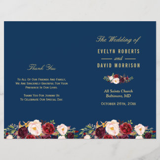Burgundy Floral Navy Blue Folded Wedding Program