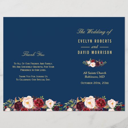 Burgundy Floral Navy Blue Folded Wedding Program
