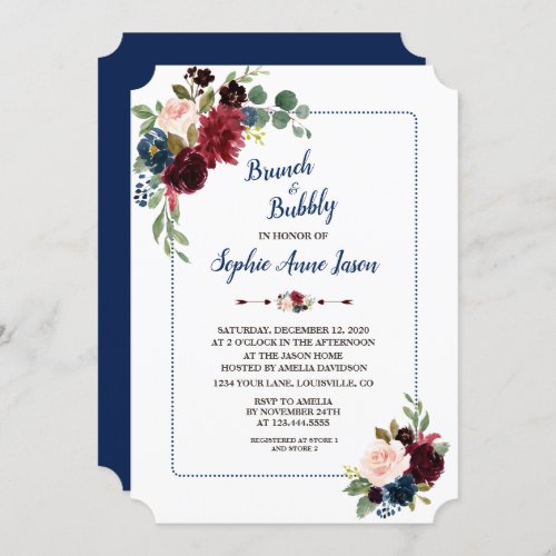 Burgundy Floral Navy Blue Frame Bridal Shower Invitation