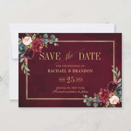 Burgundy Floral Navy Blue Gold Frame Save the Date