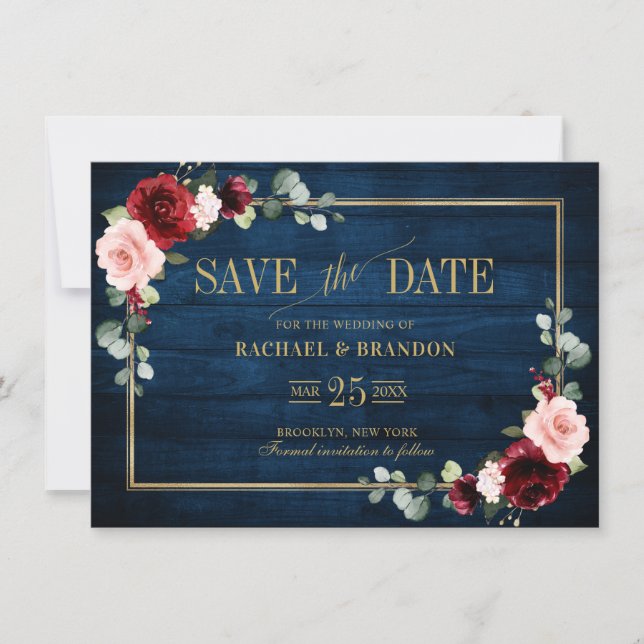 Burgundy Floral Navy Blue Gold Frame Save the Date (Front)
