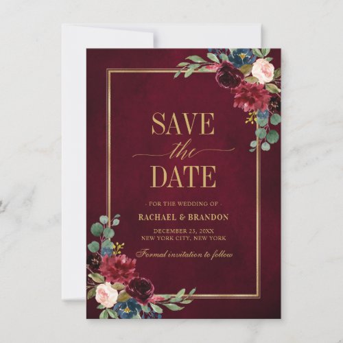 Burgundy Floral Navy Blue Gold Frame Save the Date