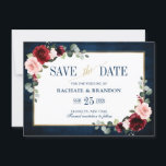 Burgundy Floral Navy Blue Gold Frame Save the Date<br><div class="desc">Watercolor burgundy red navy blush pink floral save the date card template with Gold frame and golden lettering with green botanical foliage and eucalyptus leaves in navy blue background. This beautiful easy to customize design can match easily with your wedding colors, styles and theme and it is a perfect choice...</div>