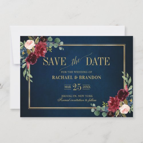 Burgundy Floral Navy Blue Gold Frame Save the Date