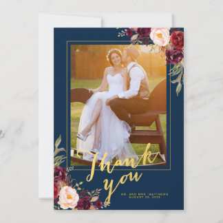 Burgundy Floral Navy Blue Gold Photo Wedding Thank You Card