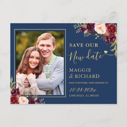 Burgundy Floral Navy Blue Gold Save The New Date Postcard