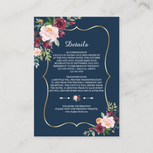 Burgundy Floral Navy Blue Gold Wedding Details Enclosure Card