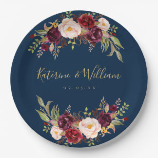 Burgundy Floral Navy Blue Gold Wedding Engagement Paper Plates