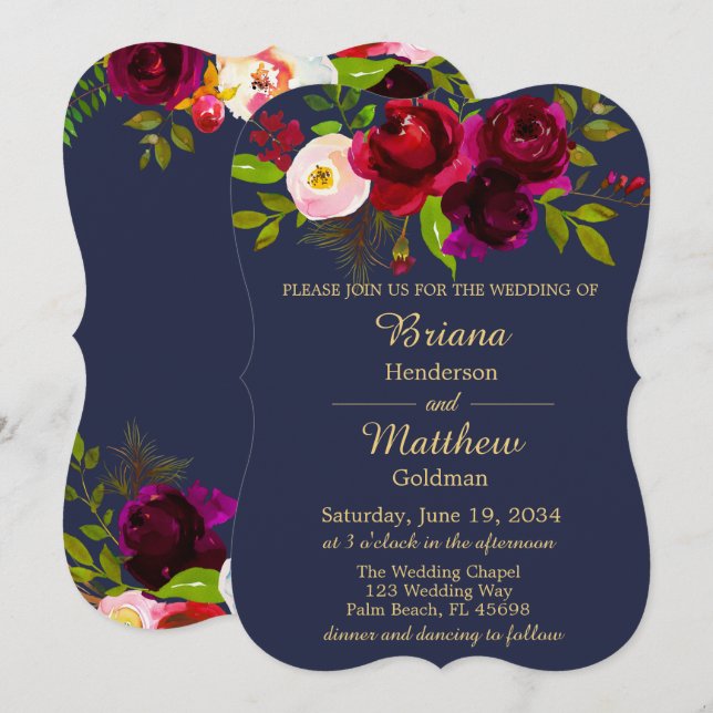 Burgundy Floral Navy Blue Gold Wedding Invitation (Front/Back)