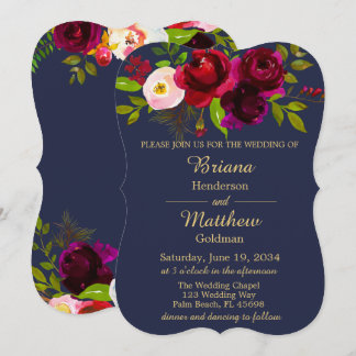 Burgundy Floral Navy Blue Gold Wedding Invitation