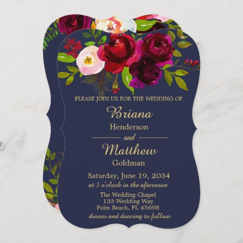 Burgundy Floral Navy Blue Gold Wedding Invitation