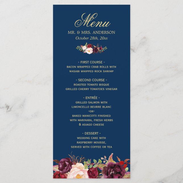 Burgundy Floral Navy Blue Gold Wedding Menu Card (Front)