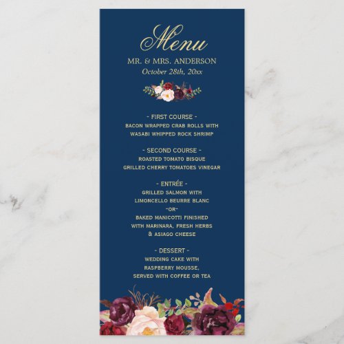 Burgundy Floral Navy Blue Gold Wedding Menu Card