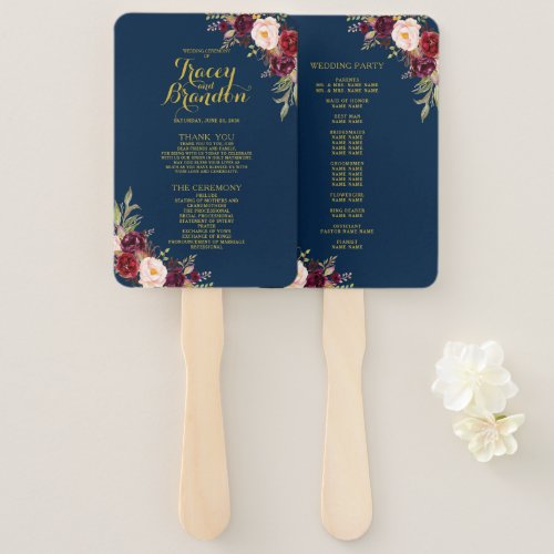 Burgundy Floral Navy Blue Gold Wedding Program Hand Fan