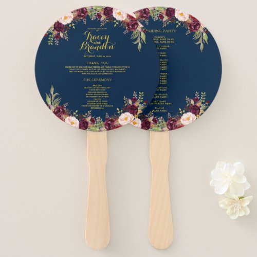 Burgundy Floral Navy Blue Gold Wedding Program Hand Fan