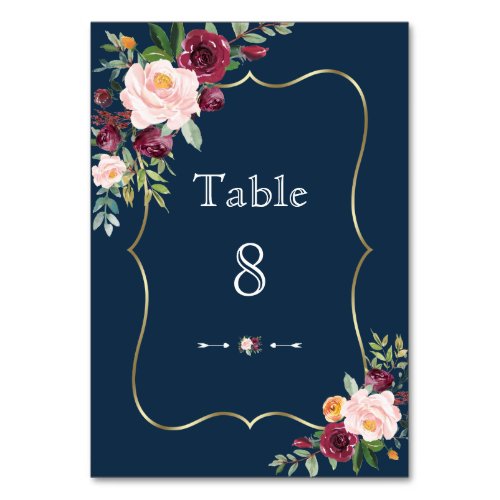 Burgundy Floral Navy Blue Gold Wedding Table Number
