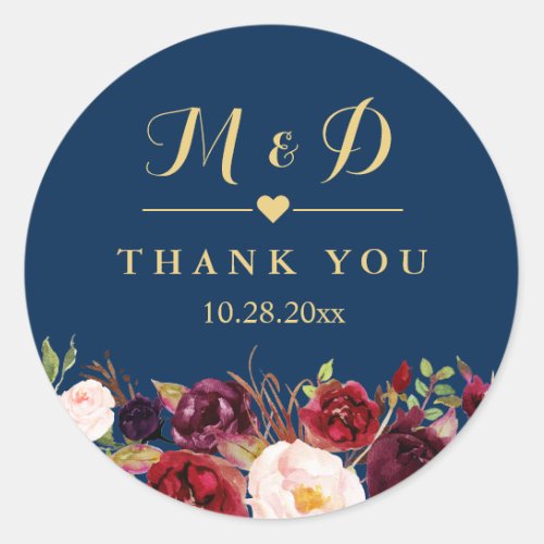 Burgundy Floral Navy Blue Monogram Wedding Favor Classic Round Sticker