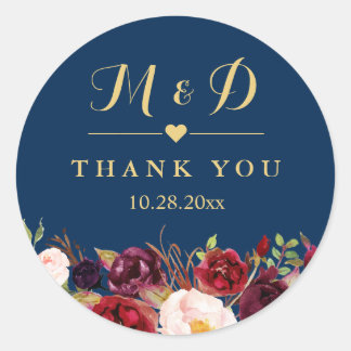 Burgundy Floral Navy Blue Monogram Wedding Favor Classic Round Sticker