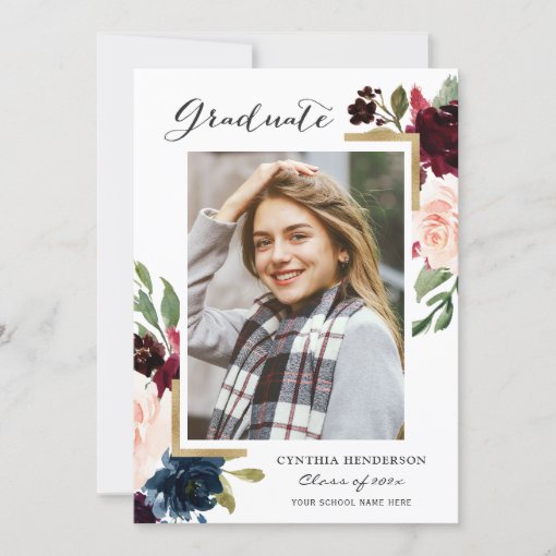 Burgundy Floral Navy Blue Photo Graduation Party Invitation | Zazzle