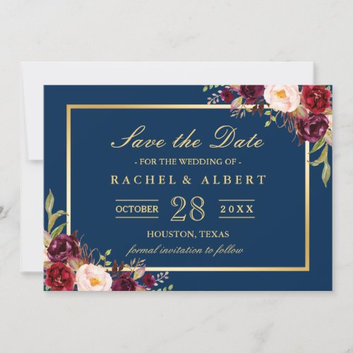 Burgundy Floral Navy Blue Photo Save the Date