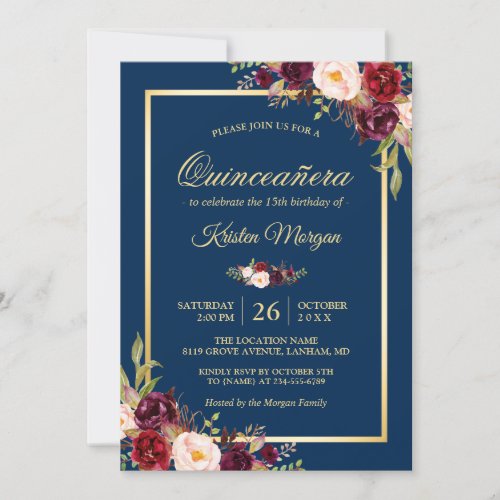 Burgundy Floral Navy Blue Quinceanera Birthday Invitation