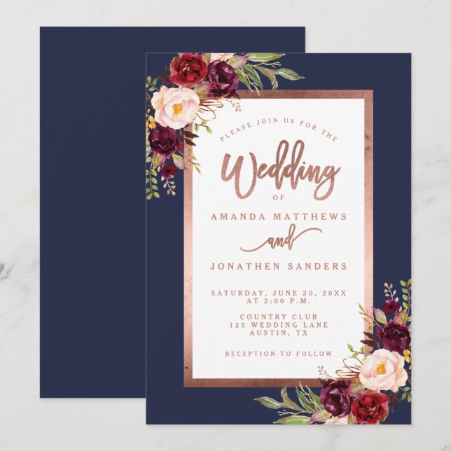 Burgundy Floral Navy Blue Rose Gold Script Wedding Invitation (Front/Back)