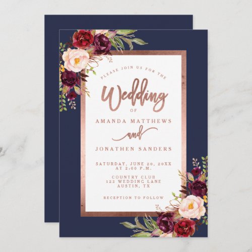 Burgundy Floral Navy Blue Rose Gold Script Wedding Invitation