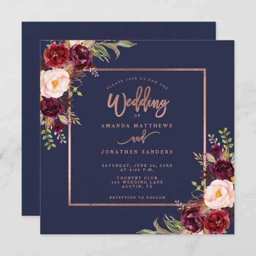 Burgundy Floral Navy Blue Rose Gold Script Wedding Invitation