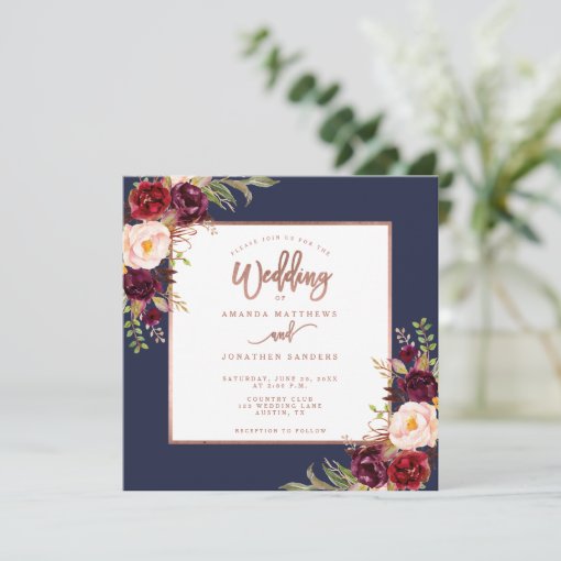 Burgundy Floral Navy Blue Rose Gold Script Wedding Invitation | Zazzle