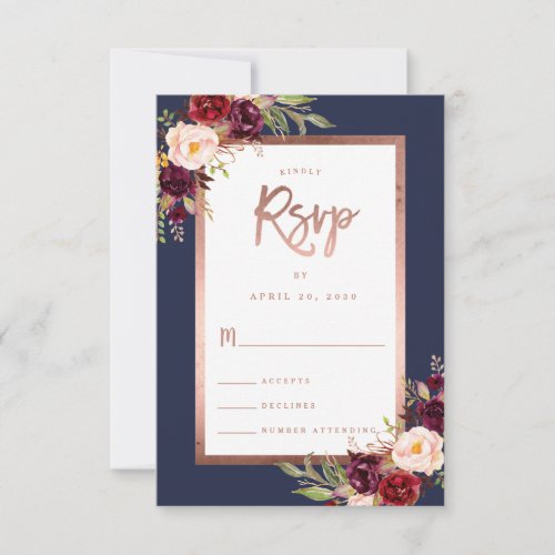 Burgundy Floral Navy Blue Rose Gold Script Wedding RSVP Card