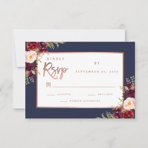 Burgundy Floral Navy Blue Rose Gold Script Wedding RSVP Card